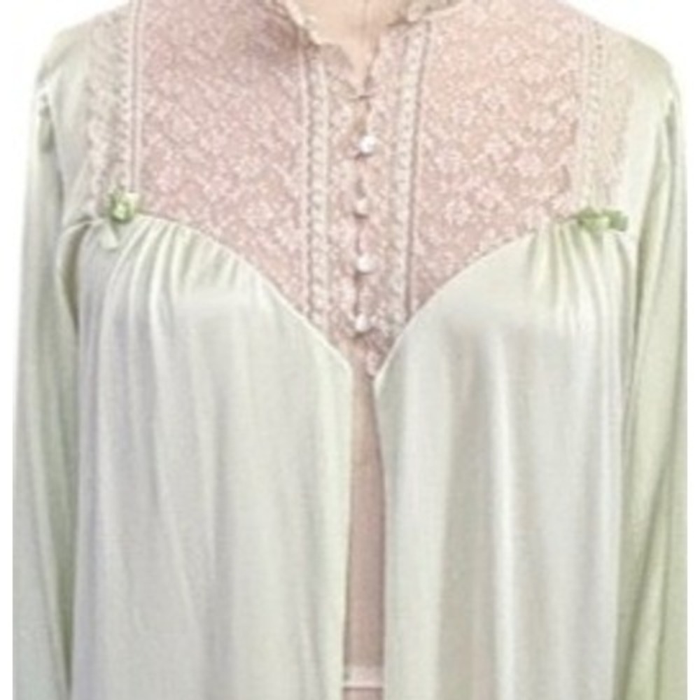 Lace Yoke Bow Accent Shadowline Nightgown Robe Long Sleeve Large Green Vintage